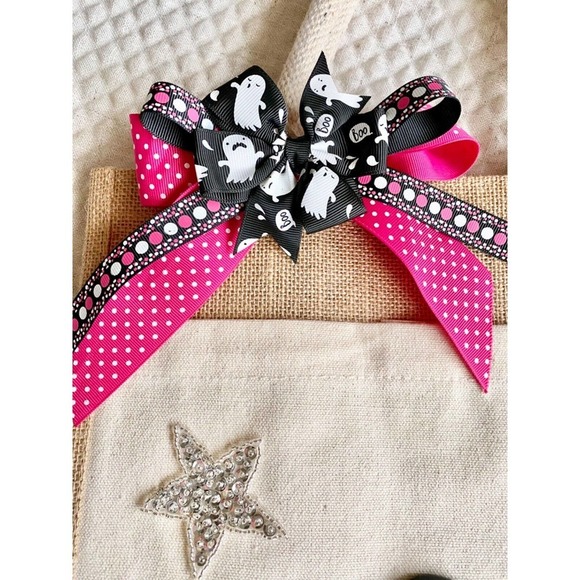 New Ghost Pumpkin Star Halloween Natural Jute Bag Tote Purse w/ Bow - Picture 8 of 10